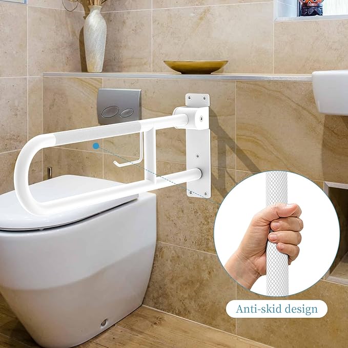 U Shaped Toilet Grab Bar 32 Inch, Munzong White Anti-Slip Support Rail, Flip-Up Bathroom Grab Bar with Paper Holder, Stainless Steel Knurled Handicap Safety handrails for Elderly Disabled Pregnant