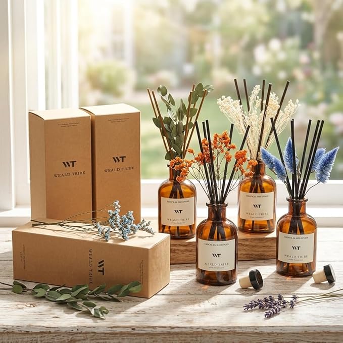WEALD TRIBE Flower Reed Diffuser Set Eucalyptus & Lavender Scent For Bathroom Accessories Shelf Decor & Air Fresheners, Sticks Defusers With 4.0 fl oz Essential Oils, House Bedroom Office Decor & Gift