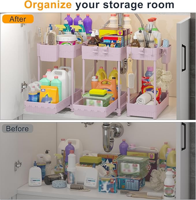 Sevenblue 3 Pack Under Sink Organizers,2-Tier Multi-Use Kitchen and Bathroom Organizers and Storage with Sliding Drawers,Bathroom Cabinet Organizer (Pink, 12.8 Inch)