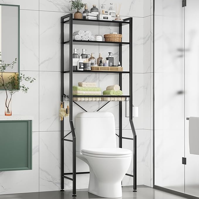 DUMOS Over-The-Toilet Storage Rack, 4-Tier Freestanding Bathroom Organizer Shelf Over Toilets with Adjustable Shelf and Basket, Space Saver Above Toilet Storage Cabinet with 3 Hooks for Rooms, Black