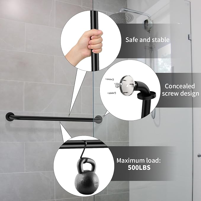 2 Pack 32 Inch Black Shower Grab Bars, ZUEXT Stainless Steel Bathroom Wall Grab Bar Handle, Shower Balance Bar, Safety Hand Rail Support,Handicap Elderly Senior Assist Bath Grab Handle(1.25" Diameter)