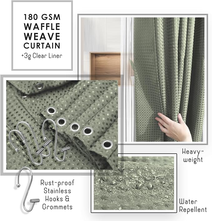 Clara Clark Bathroom Accessories Set - Bathroom Set with Adhesive Corner Shower Caddy Hanging, 25PC Bathroom Accessory Set, Sage Green Shower Curtain Set, Toilet Brush, Trash Can & Soap Dispenser