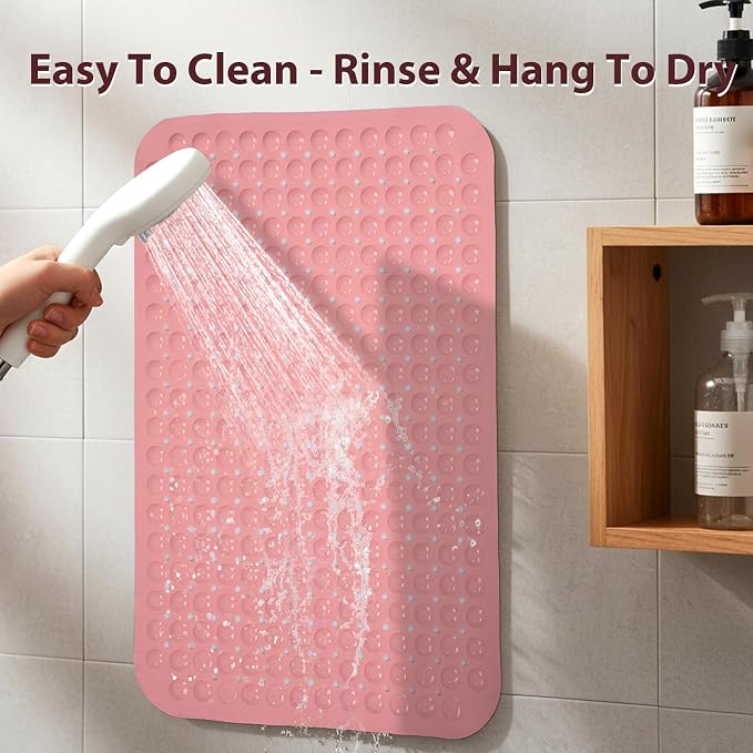 Pink Bathtub Mat Shower Mat Non Slip 17x30 Inch Standard Size, Soft Bubble Bath Tub Mat Shower Mats for Inside Shower Bathroom Floor Mat with Big Suction Cups & Drain Holes, BPA-Free