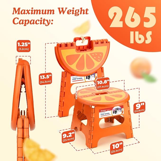 ACSTEP Folding Step Stool 9 Inch, Sturdy Collapsible Step Stool Foldable Up to 265 lbs for Kids Toddlers & Adults, Non Slip Foot Stools with Handle for Kitchen, Bathroom, Bedroom, Outdoor, Orange