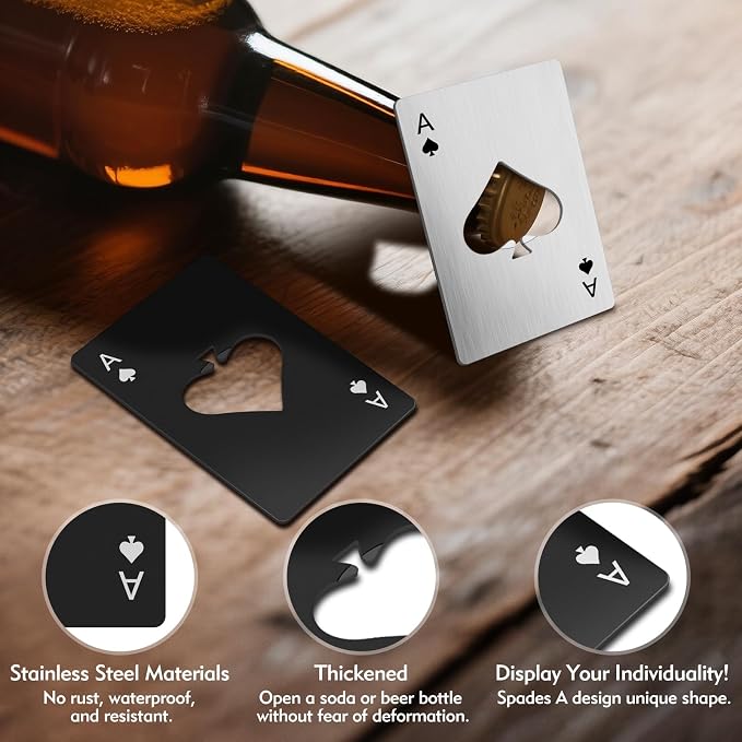 6PCS Poker Card Bottle Openers, Stainless Steel Credit Card Size Beer Bottle Opener - 3 Black & 3 Silver Poker Themed Cap Openers (Ace of Spades Design)