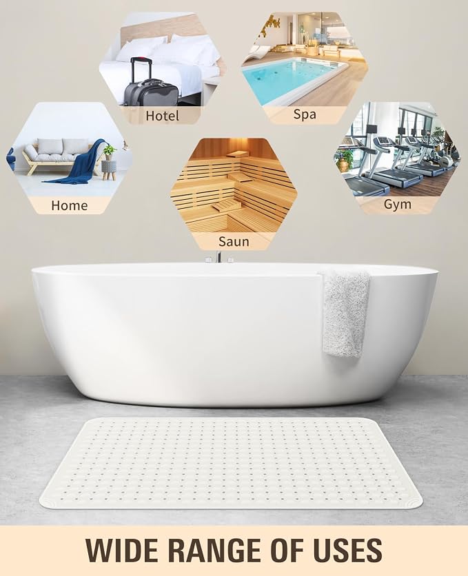 Yolife Extra Large TPE Shower Mat, 47.2" L x 31.5" W Anti Slip Bath Mat with Drain Holes and Suction Cups, Large Size Mat More Suitable for Shower Stall, No Odor, Heavy Mat (White, 47.2" x 31.5")