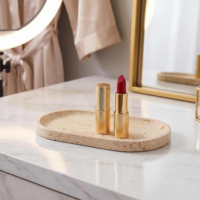 YKAJO Oval Real Marble Tray for Bathroom Kitchen Counter Stone Decorative Vanity Tray for Dresser Perfume Heavy Catchall Organizer for Soap Jewelry (Yellow Travertine, 9.8" x 4.7")