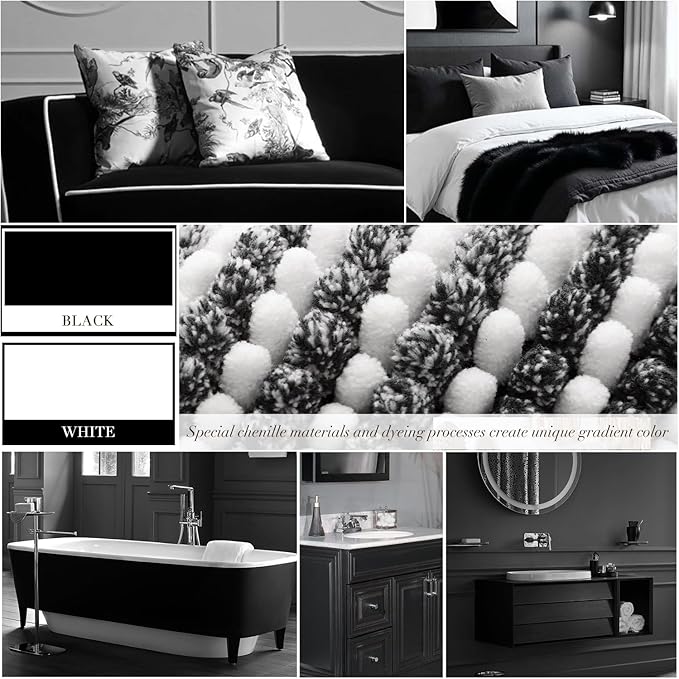 BSICPRO Bathroom Rugs and Mats Sets, 2 Piece Thick Absorbent Chenille Bath Mat Rug Set Non Slip, Soft Shaggy Bath Room Floor Mats for Bathroom, Machine Washable (Black, 20" x 47" Plus 20" x 32")