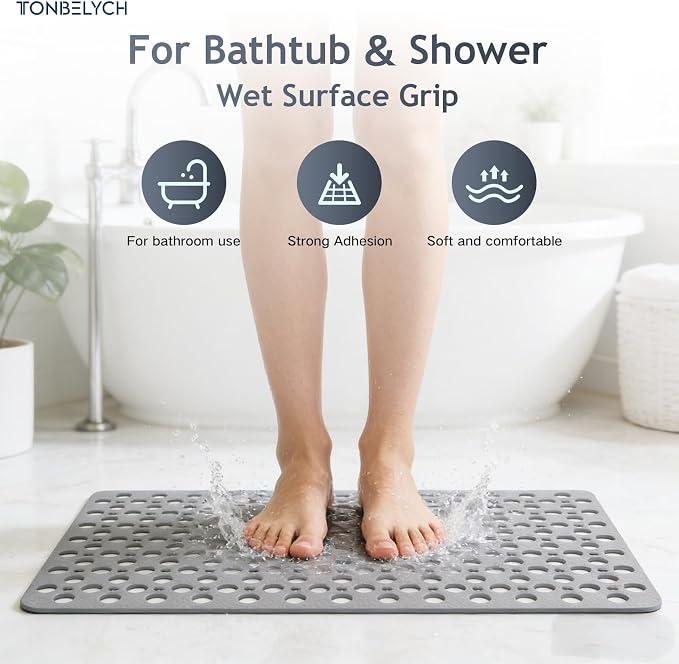 Non Slip Bath Mat for Shower & Bathtub - 30x17 Inch with Strong Suction Cups and Drain Holes, Quick-Dry, Machine Washable Floor Mat for Elderly, Kids & Pets