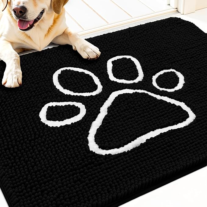 OLANLY Dog Door Mat for Muddy Paws 34x21, Paw Print Design, Absorbs Moisture and Dirt, Absorbent Non-Slip Washable Doormat, Quick Dry Chenille Mud Mat for Dogs, Entry Indoor Entryway Carpet, Black