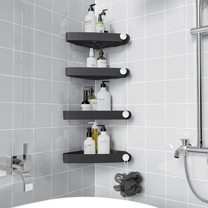 Sotfamily Plastic Shower Caddy Corner (for 90° Only), 4 Pack Adhesive Corner Shower Shelves for Smooth Wall Bathroom Organizers and Storage, Black