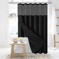 Dynamene Fabric Shower Curtain with Snap in Liner, Black Waffle Hotel Shower Curtains for Bathroom, Washable Waterproof Cloth Shower Curtain Liner Set with Plastic Hooks, Mesh Top Window, 72x72