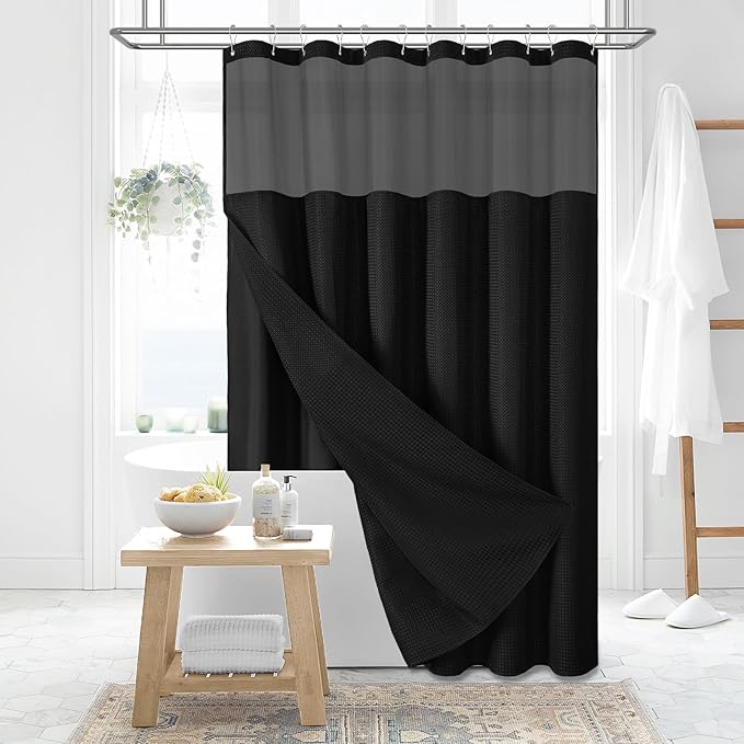Dynamene 78 Inch Long Shower Curtain, Tall Waffle Fabric Shower Curtains for Bathroom, Hotel Waterproof Cloth Shower Curtain Liner Set with Hooks, Snap in Liner, Mesh Top Window, Black, 72x78