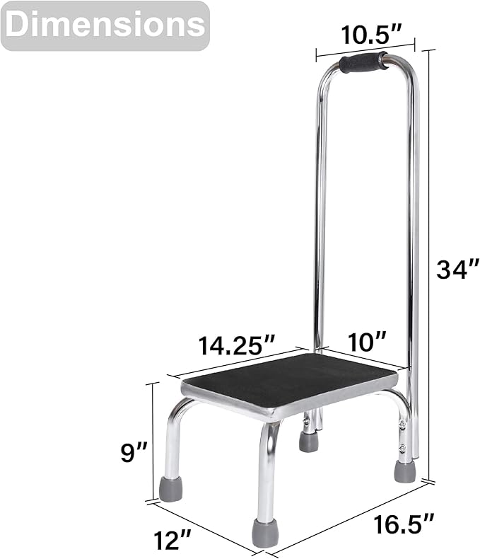 Vaunn Medical Foot Step Stool with Handle and Anti Skid Rubber Platform, Lightweight and Sturdy Stool for Children, Adults and Seniors, Chrome
