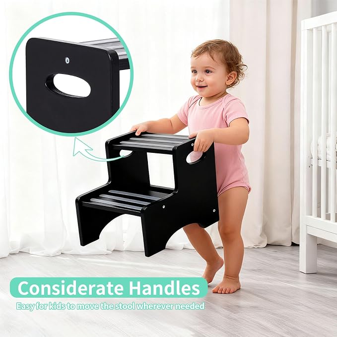 Wooden Toddler Step Stool for Kids, Two Step Stool with Non-Slip Pads & Handles, Potty Training Stool for Bathroom Sink, Toilet, Kitchen, Bedroom (Black)
