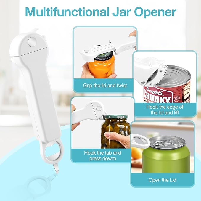 Jar Opener for Seniors with Arthritis, 7 in 1 Bottle Opener and Wine Corkscrew, Easy Grip Kitchen Gadget for Weak Hands Elderly, Retractable Jaw Lid Opener with Magnetic Storage (Off-White)