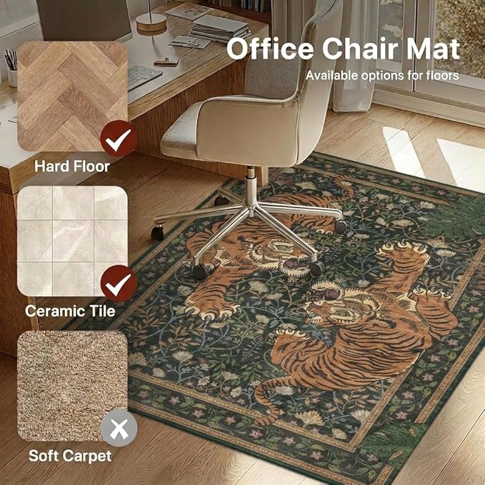 48"x72" Office Chair Mat for Hardwood Tile Floor, Under Desk Carpet Protector for Rolling Computer Chair Mat, Machine Washable Area Rug, Anti-Slip 1/5" Thick Low Pile Thin Vinyl Floor Mat, Forest Sage