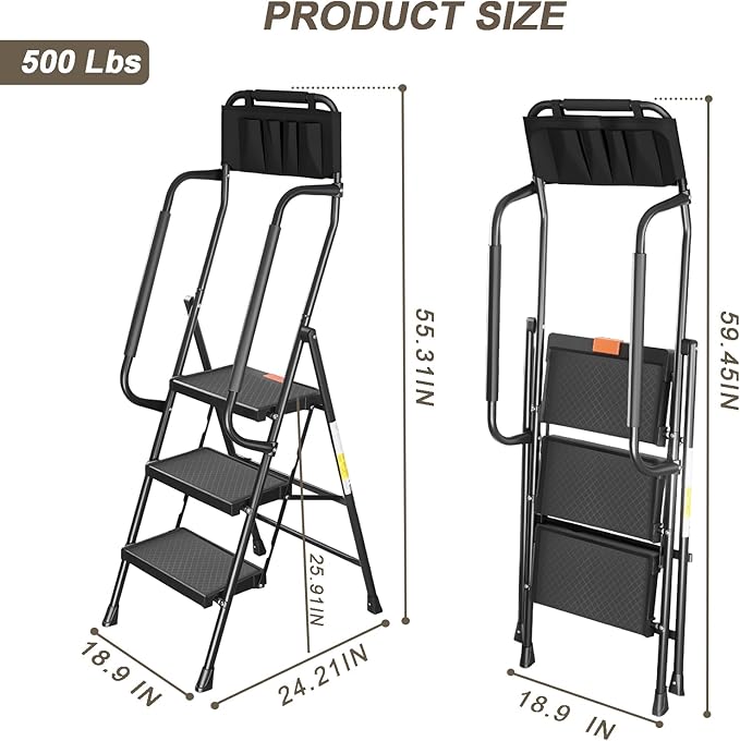 Valeo 3 Step Ladder with Handrails,500 Lbs Capacity,Folding Step Stool Ladder with Attachable Tool Bag,Lightweight & Storage Step Ladder 3 Step Folding,Multi-use for Home,Kitchen,Office,Black
