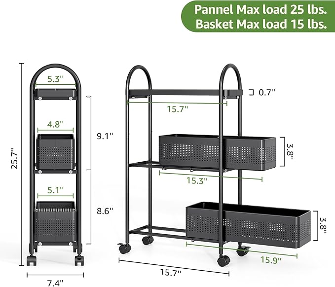 KINGRACK 3-Tier Slim Kitchen Storage Cart, Metal Utility Cart with Drawer, Rolling Trolley with Lockable Wheels, Easy Assembly Narrow Space Shelving for Kitchen Bathroom Laundry Room, Black