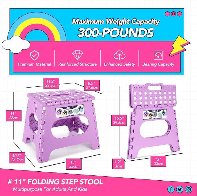 Delxo 11 inch Folding Step Stool, Non-Slip Foldable Stools Up to 300 LBS, Step Stool with Handle, Lightweight for Kitchen, Bathroom, Bedroom, Garden, Light Purple, 1PC