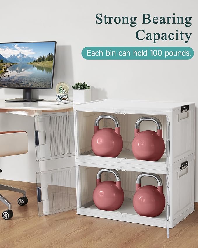 OlarHike 97QT Stackable Storage Bins with Lids - Folding Storage Box with Doors and Wheels, Collapsible Plastic Storage Drawers for Closets and Organization, Garage, 5 Pack Cubes