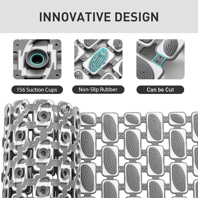 XIYUNTE Shower Mat Non Slip Bathtub Mat - 36 x 16Inches Soft Rubber Bath Mat for Tub Non Slip Bath Mat with Suction Cups and Drain Holes, Easy to Clean, Easy to Cut, Eco-Friendly, Dark Grey