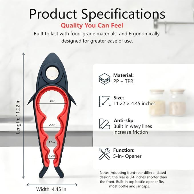 Jar Opener Bottle Opener for Arthritis, 5-in-1 Multifunctional Jar Opener, Easy to Use for Seniors and Weak Hands, Shark Shape Kitchen Gadget for jar, Beer and Bottle (Black and Red)