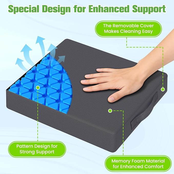 Seat Cushion for Office Chairs, Memory Foam Chair Cushion with Patterned Core for Even Support, Back, Tailbone & Sciatica Relief, Chair Pillow with Carry Handle for Car, Wheelchair (Gray)