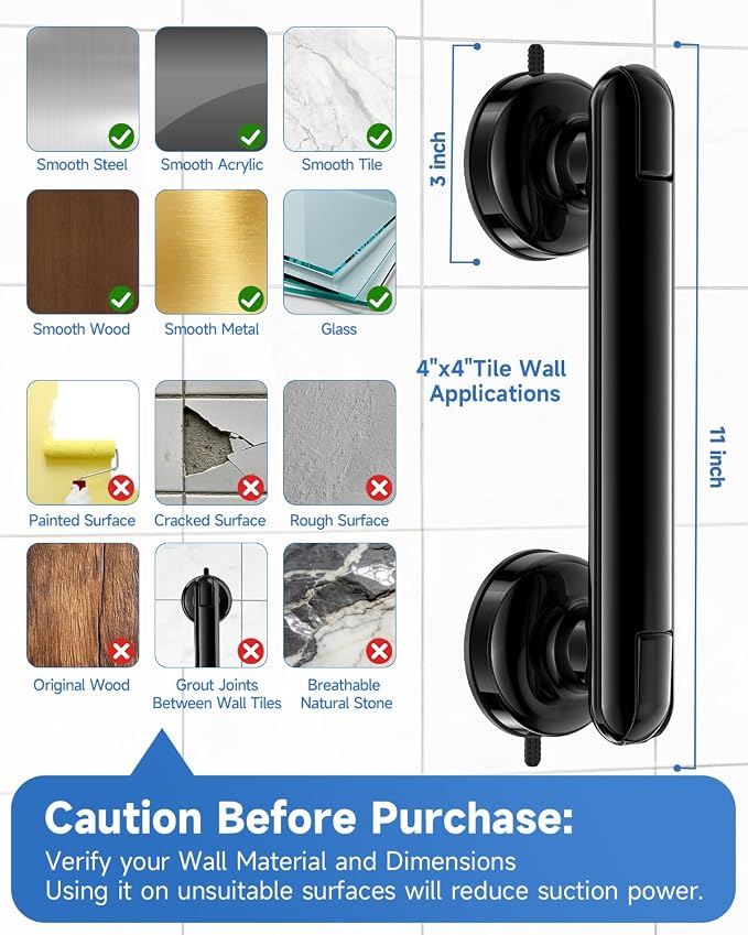2 Pack Suction Cup Grab Bars for Bathtubs and Showers, 11 Inch Bathroom Safety Grip No Drilling & Waterproof, 230lbs Shower Handle Removable Bath Handrails for Seniors and Elderly, Black