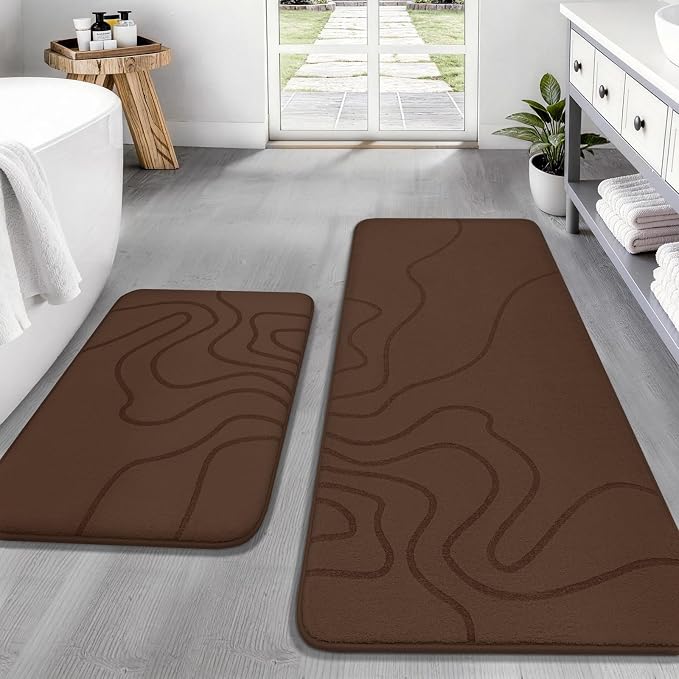 YIHOUSE Memory Foam Bathroom Rugs Sets 2 Piece - Extra Thick Ultra Soft Absorbent Bath Mat Set, Non-Slip Machine Washable Bath Rugs for Bathroom, Tub & Shower, Home Decor (17"x24"+20"x46", Coffee)