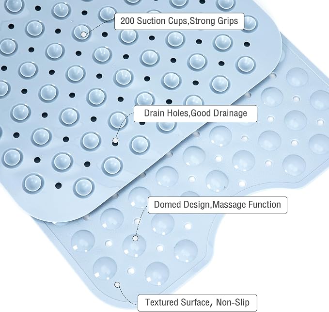 Extra Long Bathtub Mat Non Slip, Light Blue Soft Bath Mat for Tub 40 x 16 Inch Full Size, Bath Tub Shower Mats for Bathroom Floor, Big Suction Cups and Drain Holes, Easy Washable, BPA Free