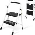 Step Ladder, Portable Steel Folding Step Stool with Wide Anti-Slip Pedal & Convenient Handgrip, Sturdy Steel Ladder, 2-Step, White