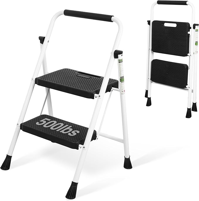 Step Ladder, Portable Steel Folding Step Stool with Wide Anti-Slip Pedal & Convenient Handgrip, Sturdy Steel Ladder, 2-Step, White