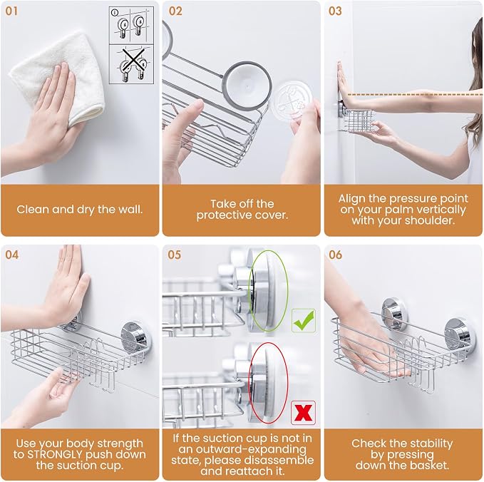 LEVERLOC Shower Caddy Suction Cup, 2 Pack Heavy Duty Bathroom Organizer for Inside Shower with Hooks & Soap holder, Removable and Rustproof Silver bathroom Holder Storage