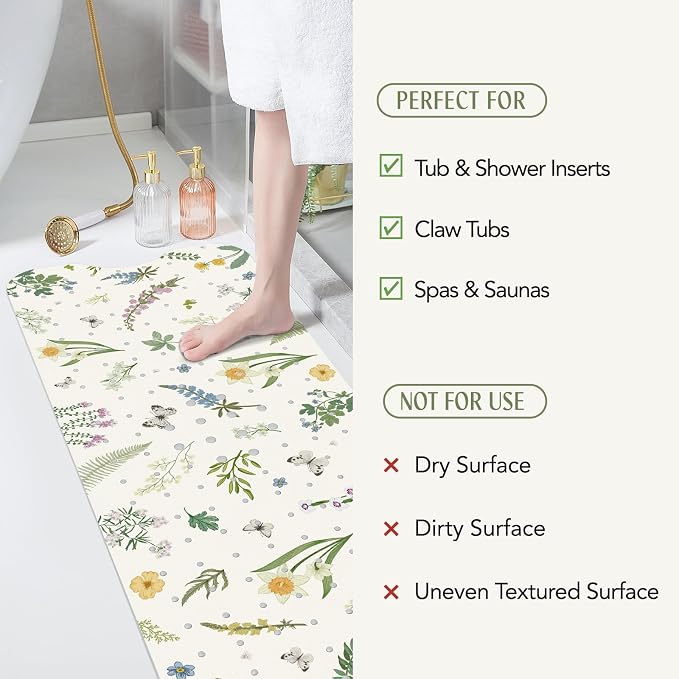 SHUCHING Flower and Leaf Bath Mat for Tub Non Slip-40 X 16Inch, Bathtub Mat Anti Slip for Women, Long Shower Mat for Bathroom Mold Free, Machine Washable