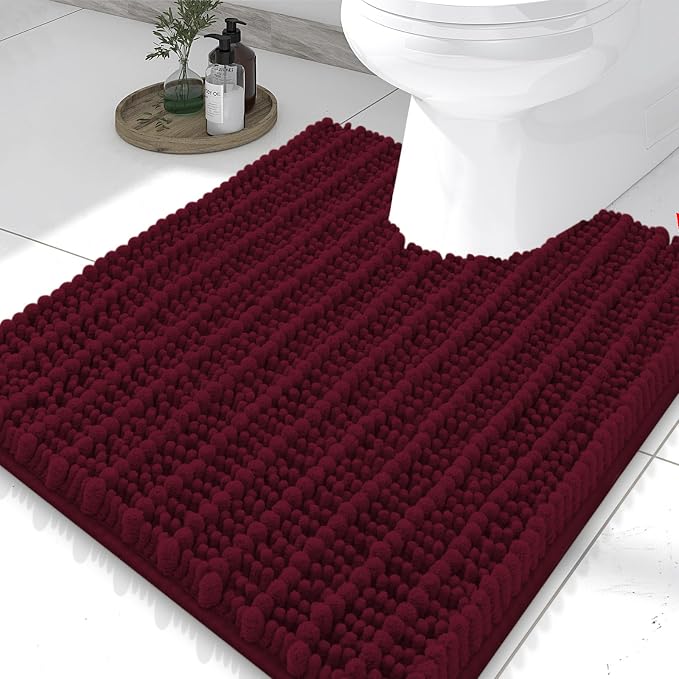 Smiry Bathroom Toilet Rugs U Shaped 24x20, Extra Soft Absorbent Non Slip Rubber Backing Chenille Contour Bath Rugs for Toilet, Machine Washable Contoured Bath Mats, Burgundy