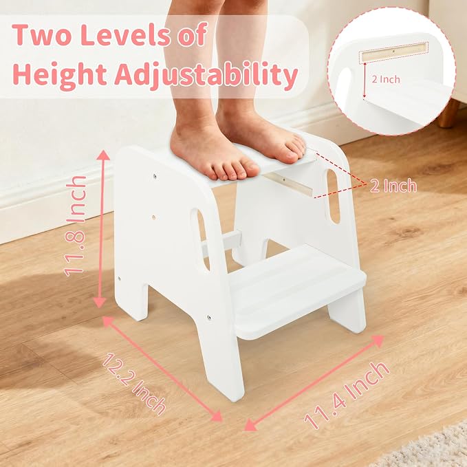 WOOD CITY Toddler Step Stool, Wooden 2 Step Stools for Bathroom Sink Potty Training Kitchen Dual Height Stool Helper for Kids Bonus Non-Slip Pads and Handles for Safety (2 Pack White)
