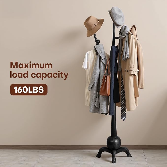 Heavy Duty Coat Rack Freestanding Wood Tree Rack with 8 Hooks, Unique Design Tree Branch-look, Premium Coat Tree Clothes Hanger Stand with Sphere Base for Entryway, Hallway, Bedroom-Load 160lbs Black