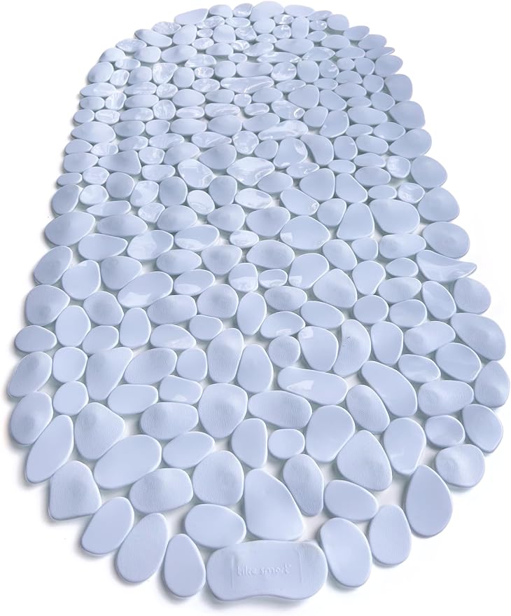 “Pebbles” Non-Slip Bathtub & Shower Mat 27”x14” Oval - Non-Toxic - Safe, Clean, Machine-Washable, Superior Grip & Drainage, Vinyl, for Smooth Floors ONLY, Opaque White