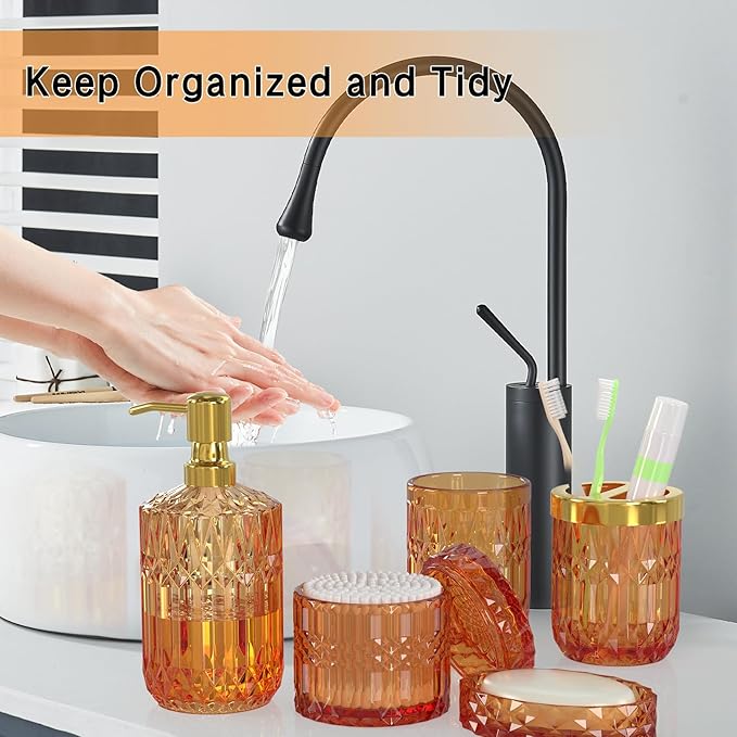 Orange Glass Bathroom Accessories Set 5 Pcs, Orange Bathroom Set, Soap Dispenser and Toothbrush Holder Set, Qtip Holder Set, Vintage Bathroom Sink Set, Cute Bathroom Decor