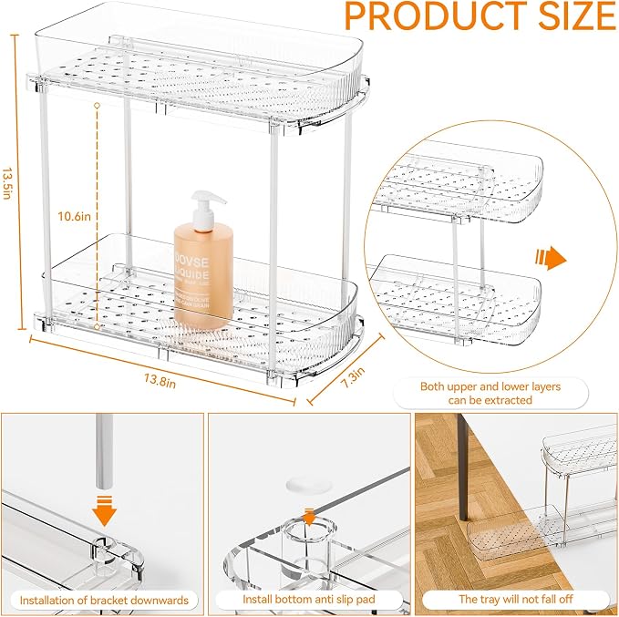 Yieach 3 Pack 13.8″ Deep 2 Tier Under Sink Storage Organizer,Large Pull Out Bathroom Organizers and Storage,Slide Out Acrylic Undersink Storage Shelf,Kitchen Under Sink Organizer for Cleaning Products