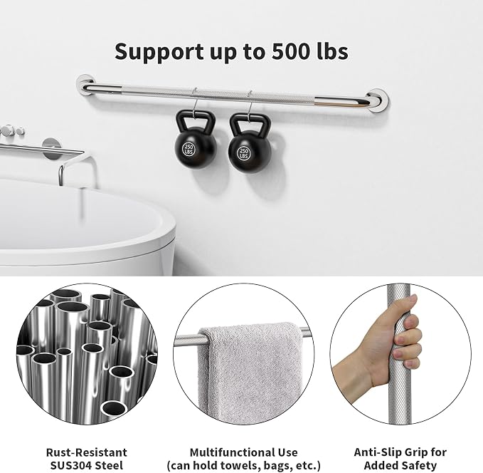 Chrome Bathroom Grab Bars 40 Inch, iHansee Anti Slip Grab Bar w/Knurled Grip, Stainless Steel Safety Handle for Bathtub, Wall Mounted Balance Support Handrail, Handicap Shower Bars for Senior Elderly