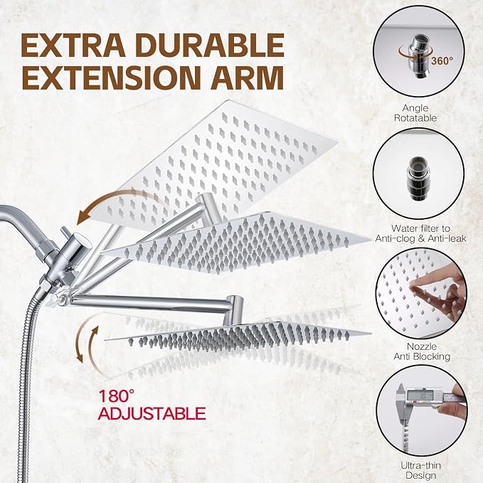 Shower Head,10”Rain Shower Head with Handheld Spray Combo and Adjustable Extension Arm/3-Way Flow Regulator/Shower System,High Pressure Rain Fall Hose,Chrome