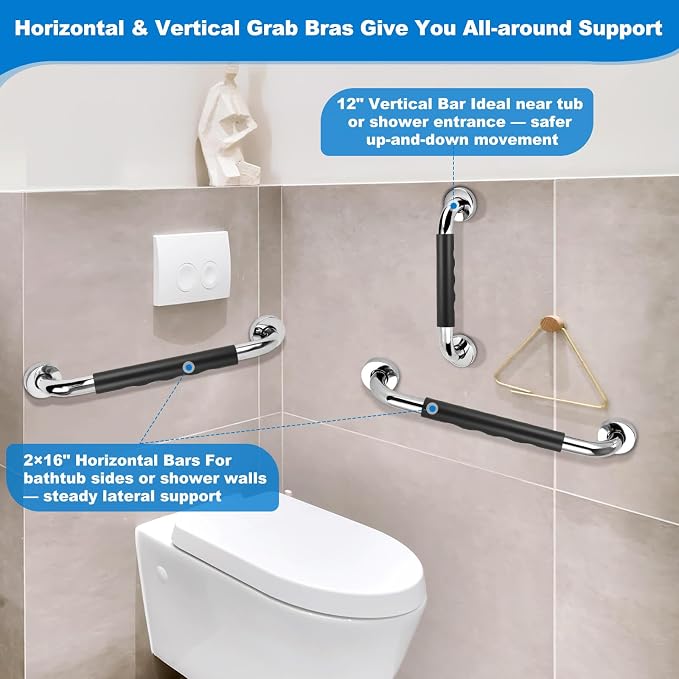 3 Pack Grab Bars for Bathtubs and Showers, 16-Inch and 12-Inch Anti-Slip Bathroom Shower Grab Bars for Seniors Wall, Safety Handicap Grab Bars Stainless Steel,Shower Handle for Elderly