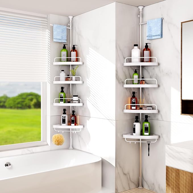 HAMITOR Corner Shower Caddy Tension Pole: Adjustable Stainless Steel Shower Organizer with 4 Tier Shelf for Bathroom Bathtub Tub Shampoo - Floor Standing Rack Bath Storage Holder with Rust Proof Rods