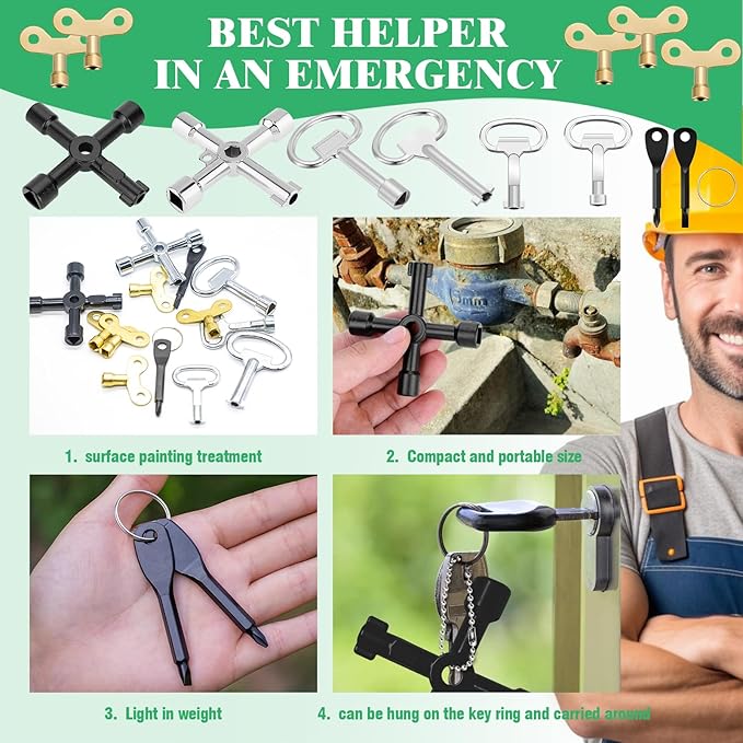 Yuahar 13 Pcs Multi-Functional Utility Key Kit Contains 4-Way Keys, Water Tap Faucet Keys, Sillcock Wrench, Cabinet Spanner Key for Radiators Gas Electric Meter Boxes Garden Hose