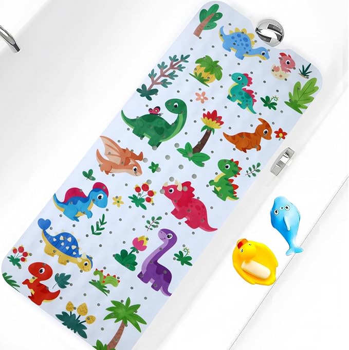 Baby Bath Mat for Tub Non Slip Kids Bathtub Mat Extra Long 40X16 Inch Toddler Bath Tub Shower Mat Anti Slip with Suction Cups & Drain Holes, Machine Washable (Forest Dinosaur)