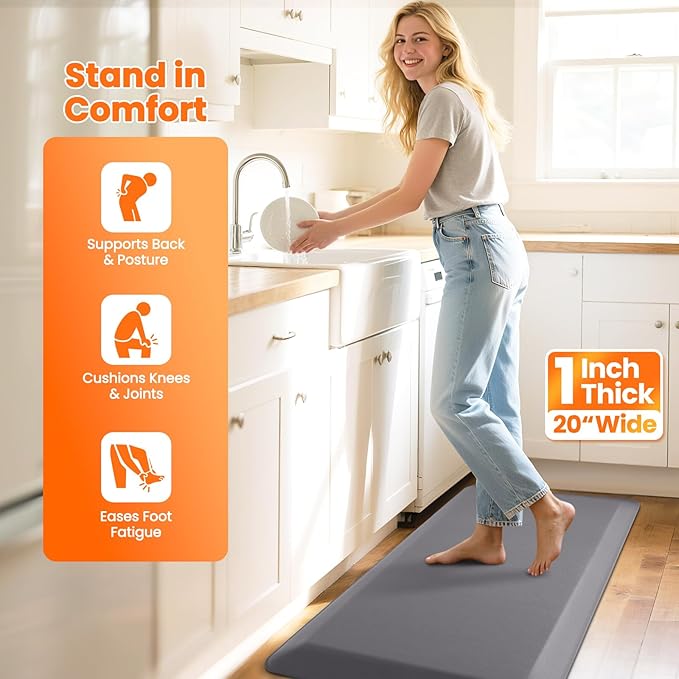 Kitchen Mats for Floor, 1 Inch Extra-Thick Kitchen Rugs, Non-Slip & Waterproof Standing Desk Mat, Comfort Anti Fatigue Mats for Kitchen Floor, Home, Sink, Office (20" X 39", Grey)