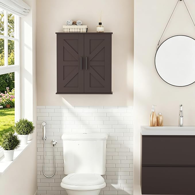Homleke Bathroom Wall Cabinet, Over Toilet Storage Cabinet with Barn Doors and Adjustable Shelves, 3-Tier Medicine Cabinet Wall Mounted, for Bathroom, Kitchen, Entryway, Laundry Room, Brown, (7.9" D)