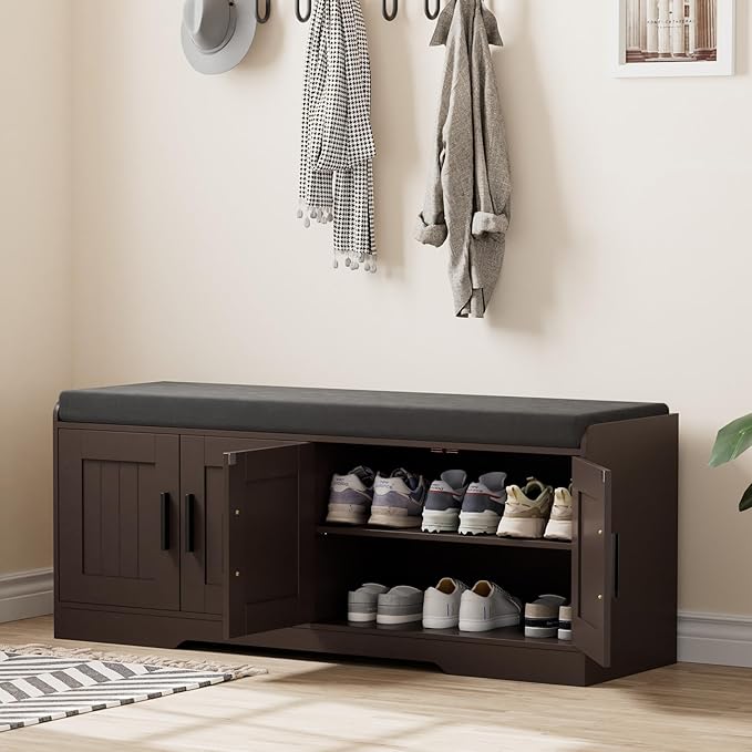 Homleke 2-Tier Storage Bench, Shoe Bench with Thickened Padded Seat Cushion, Entryway Bench with 4 Doors, Adjustable Shelf, 13.8" D x 45.3" W x 18.5" H, for Entryway, Living Room, Bedroom, Brown